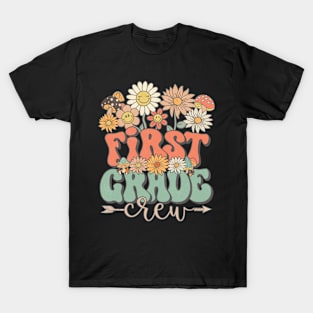 Back To School Retro Groovy Wildflower First Grade Crew Funny Teacher Girls T-Shirt